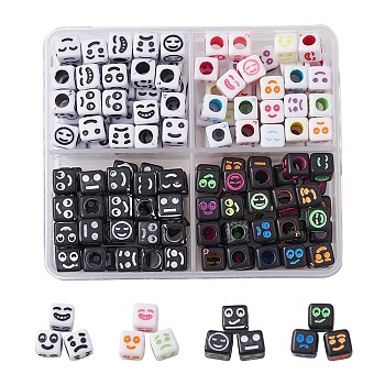 160Pcs 4 Styles Craft Acrylic Beads, Cube with Mixed Expression, Mixed Color, 6x6x6mm, Hole: 3.5mm, 40pcs/style