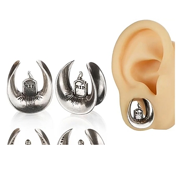 Brass Ear Gauges Flesh Tunnels Plugs, Tombstone Charm, Antique Silver, 13.5x11.5x9.5mm