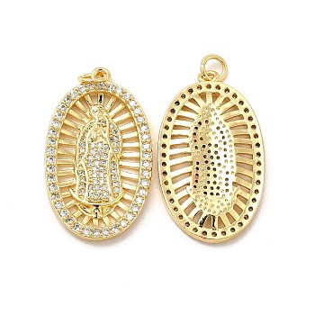Brass Micro Pave Cubic Zirconia Pendants, with Jump Ring, Oval with Religion Virgin Mary Charm, Golden, 31.5x18x2.5mm, Hole: 3.3mm