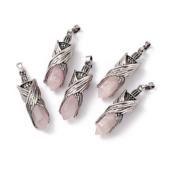 Natural Rose Quartz Pendants, Faceted Bullet Charms, Rack Plating Antique Silver Tone Brass Wing Findings, Cadmium Free & Lead Free, 42.5x12.5x11mm, Hole: 8x5mm