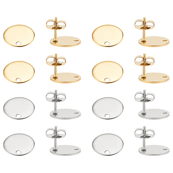 16cs 2 Colors Ion Plating(IP) 304 Stainless Steel Stud Earring Findings, with Loop and Flat Plate, Ear Nuts/Earring Backs, Flat Round, Golden & Stainless Steel Color, 10x1mm, Hole: 1.2mm, Pin: 0.8mm, 8pcs/color