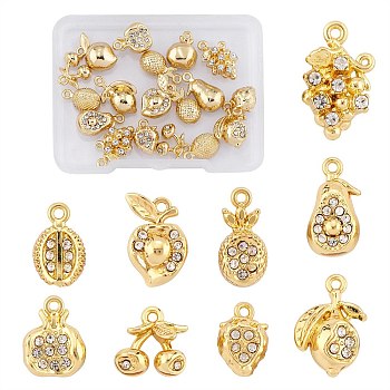18Pcs 9 Style Fruit Style Rack Plating Alloy Charms, with Crystal Rhinestone, Cadmium Free & Nickel Free & Lead Free, Pineapple & Pomegranate & Strawberry, Light Gold, 11~17x7.5~11.5x5.5~8mm, Hole: 1.2~1.4mm, 2pcs/style