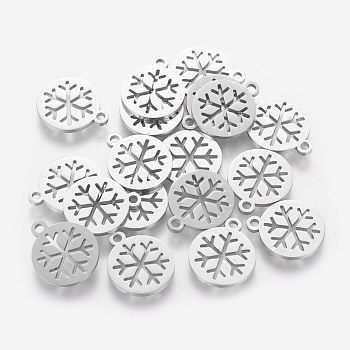 304 Stainless Steel Charms, Flat Round with Snowflake, Stainless Steel Color, 14x12x1mm, Hole: 1.5mm
