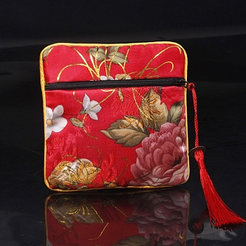Square Chinese Style Cloth Tassel Bags, with Zipper, for Bracelet, Necklace, Red, 11.5x11.5cm