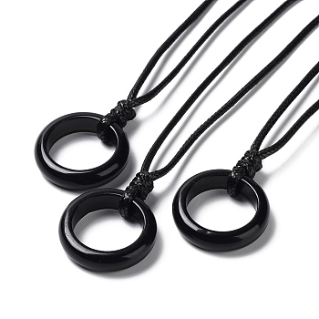 Natural Obsidian Ring Pendant Necklace with Waxed Cords, 29.53~29.92 inch(75~76cm), Pendant: 24x6mm