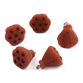 Opaque Resin Pendants, with Platinum Plated Iron Loops, Lotus Pod Charm, Saddle Brown, 19~21.5x17~18x17~18mm, Hole: 2mm