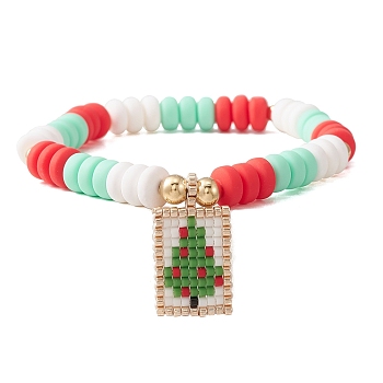 Handmade Polymer Clay Bead Stretch Bracelets for Women, Seed Beads Loom Pattern Rectangle Pendant Bracelets, Christmas Tree, Inner Diameter: 2-1/8 inch(5.3cm)