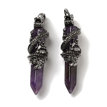 Natural Amethyst Pointed Big Pendants, Faceted Bullet Charms with Rack Plating Antique Silver Plated Alloy Gragon, Cadmium Free & Lead Free, 63~64x19~20x15.5mm, Hole: 7.5x6.5mm
