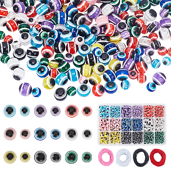 PandaHall Elite DIY Colorful Evil Eye Stretch Bracelst Making Kits, Including Round Evil Eye Resin Beads, Elastic Cord, Mixed Color, Beads: 6~8x5~7mm, Hole: 1.8~2mm, 630pcs