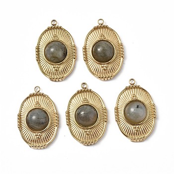 PVD Vacuum Plating 201 Stainless Steel Natural Labradorite Pendants, Real 18K Gold Plated, Oval Charms, 23x15.5x5.5mm, Hole: 1.6mm