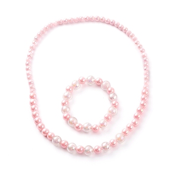 Acrylic Beaded Bracelet & Necklace Set for Kids, with Transparent Bead In Bead & AB Color Plated & Opaque Acrylic Beads, Round, Pink, Inner Diameter: 4-1/8 inch(10.4cm), Inner Diameter: 1.85 inch(47mm)