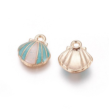 Alloy Enamel Charms, Shell, Light Gold, Turquoise, 12.5x11.5x3mm, Hole: 1.4mm