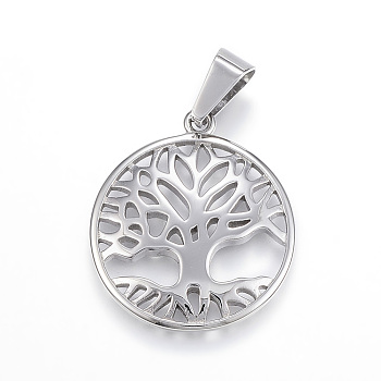 304 Stainless Steel Pendants, Flat Round and Tree of Life, Stainless Steel Color, 29x26x3mm, Hole: 5x9mm
