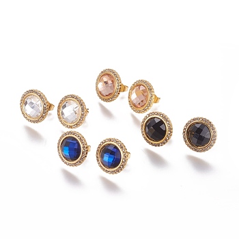304 Stainless Steel Ear Studs, with Rhinestone, Golden, Mixed Color, 17.5x16x5.5mm, Pin: 0.8mm