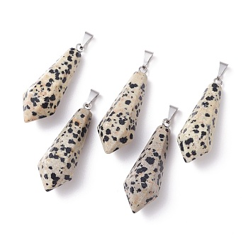 Natural Dalmatian Jasper Pointed Pendants, with Platinum Plated Brass Loops, Bullet, 35.3~38x13~14mm, Hole: 6.5x2.8mm