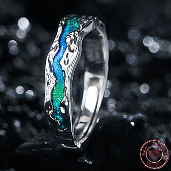 925 Sterling Silver Wave Adjustable Ring with Enamel for Men Women, Silver, 5.5mm, US Size 8(18.1mm)