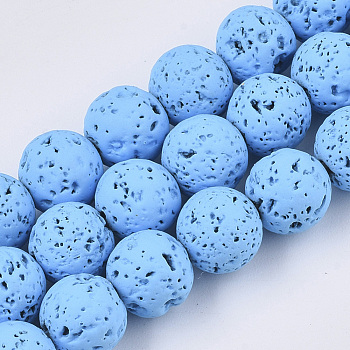 Spray Painted Natural Lava Rock Beads Strands, Round, Light Sky Blue, 6~7mm, Hole: 0.7mm, about 59~62pcs/Strand, 15.75 inch(40cm)