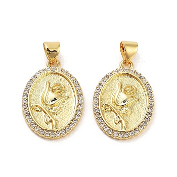 Rack Plating Brass Micro Pave Clear Cubic Zirconia Pendants, Long-Lasting Plated, Lead Free & Cadmium Free, Oval with Flower, Real 18K Gold Plated, 22x15.5x2.5mm, Hole: 5x3.5mm