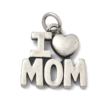 Mother's Day 304 Stainless Steel Pendants, Word I Love Mon Charm, Antique Silver, 18x17.5x2.5mm, Jump Ring: 6x1mm, Inner Diameter: 4mm