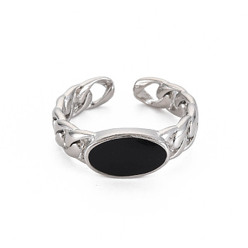 Enamel Oval Open Cuff Ring, Tibetan Style Alloy Jewelry for Men Women, Cadmium Free & Lead Free, Platinum, Black, US Size 9 1/4(19.1mm)