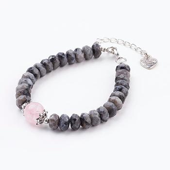 Faceted Natural Labradorite Bracelets, with Natural Rose Quartz Beads and Alloy & Brass Findings, 7-1/2 inch(190mm)