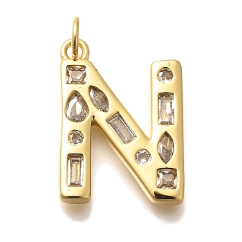 Brass Micro Pave Clear Cubic Zirconia Pendants, with Jump Ring, Lead Free and Cadmium Free, Long-Lasting Plated, Rack Plating, Letter Charms, Real 18K Gold Plated, Letter N, 20.5x15x2.7mm, jump ring: 5x1mm, 3mm inner diameter.