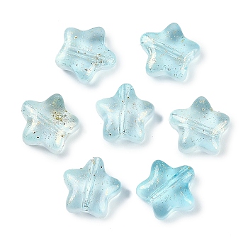 Transparent Spray Painted Frosted Glass Beads, with Glitter Powder, Star, Aqua, 8x8x4mm, Hole: 1mm