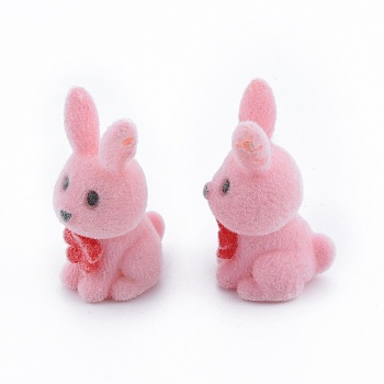 Opaque Resin Pendants, Flocky Rabbit Charm, Pink, 27~27.5x12x15~16mm, Hole: 0.9mm