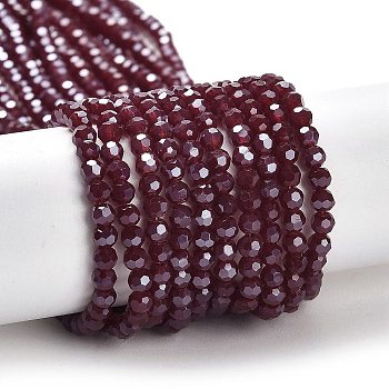 Electroplate Opaque Glass Beads Strands, Faceted(32 Facets), Pearl Luster Plated, Round, Dark Red, 3mm, Hole: 0.8mm, about 164~166pcs/strand, 19.69~19.88 inch(50~50.5cm)