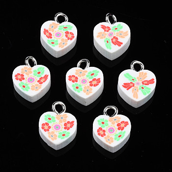 Handmade Polymer Clay Charms, with Platinum Plated Iron Loop, Heart with Flower, White, 11~12.5x9.5~10x4~5mm, Hole: 1.8mm