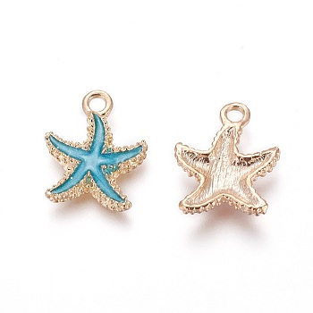 Alloy Enamel Pendants, Starfish/Sea Stars, Light Gold, Deep Sky Blue, 18x14.5x3mm, Hole: 1.4mm