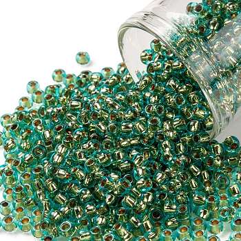 TOHO Round Seed Beads, Japanese Seed Beads, (755) 24K Gold Lined Light Aqua, 8/0, 3mm, Hole: 1mm, about 10000pcs/pound