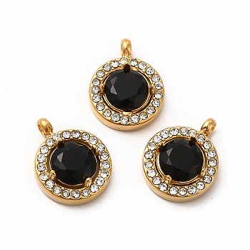 Vacuum Plating 304 Stainless Steel Cubic Zirconia Pendants, with Rhinestone, Flat Round Charms, Black, 13x10.5x4mm, Hole: 1.8mm