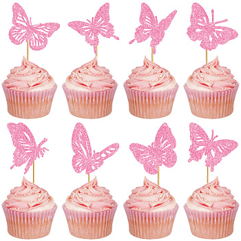 Paper & Glitter Sequins Cake Toppers with Bamboo Stick, Cake Insert Cards, for Cake Decoration, Butterfly, 65.3~70x57~70mm, 24pcs/set
