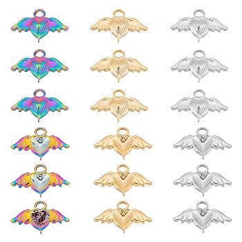 18Pcs 3 Colors 304 Stainless Steel Pendant Rhinestone Settings, Heart with Wing, Mixed Color, Fit for 5x5.5mm Rhinestone, 10x16.5x3mm, Hole: 2.3mm, 6pcs/color