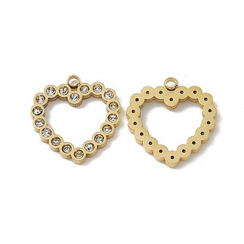 Vacuum Plating 201 Stainless Steel Pendants, Crystal Rhinestone Heart Charms, Real 18K Gold Plated, 16x15x2mm, Hole: 1.5mm