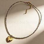304 Stainless Steel I Love You Heart Pendant Gray Faceted Glass Beaded Necklaces for Women, Golden, 16.42 inch(41.7cm)(NJEW-F370-01B-G)