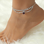 Brass Full Crystal Rhinestone Flat Round Charm Anklets for Women, Platinum, 9-1/8 inch(232mm)(WH-WGD330E-01)
