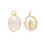 Brass Cubic Zirconia Pendants for Religion, with Shell and Jump Ring, Oval with Saint, Golden, 16.5x12x3.5mm, Hole: 3mm(ZIRC-E164-49G)