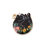 Alloy Enamel Pendants, Cat with Flower, Light Gold, Colorful, 15x14mm, Hole: 1.7mm(ENAM-CJC0011-69B)