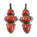 Natural Red Jasper Pendants, Rack Plating Brass Flower Charms, Cadmium Free & Lead Free, Red Copper, 47x24x6.5mm, Hole: 7.5x5mm(G-Q158-04-09)