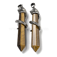 Natural Tiger Eye Pointed Big Pendants, Rack Plating Brass Snake Wrapped Faceted Bullet Charms, Antique Silver, Cadmium Free & Lead Free, 60.5x11.5x14mm, Hole: 8x5mm(G-F766-07AS-02)