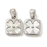 Natural Shell & Brass Square with Flower Charms with Snap on Bails, Platinum, 13x10x3mm, Hole: 4x2mm(KK-P275-05P)