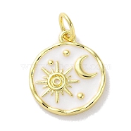 Rack Plated Brass Enamel Pendants, with Jump Ring, Long-Lasting Plated, Lead Free & Cadmium Free, Real 18K Gold Plated, Flat Round with Sun & Moon Charm, White, 15x13x2mm, Hole: 3.4mm(X-KK-Z039-02D)