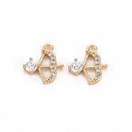 Brass Micro Pave Clear Cubic Zirconia Charms, Nickel Free, Bow and Arrow, Real 18K Gold Plated, 11x10x2.5mm, Hole: 1.2mm(KK-S356-474-NF)