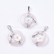 Natural Rose Quartz Pendants, with Shell, Rhinestone and Platinum Tone Brass Findings, Flat Round with Flower, 35.5~36x28x8mm, Hole: 5x8mm(X-G-F546-A10)