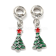 Rack Plating Brass Enamel European Dangle Charms, Alloy Christmas Tree Large Hole Pendant, Lead Free & Cadmium Free, Long-Lasting Plated, Antique Silver, Green, 33mm, Tree: 20x10x2mm, Hole: 5mm(KK-D038-07AS)