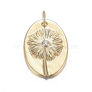 Brass Micro Clear Cubic Zirconia Pendants, Long-Lasting Plated, Oval with Dandelion, Real 18K Gold Plated, 19.5x14x2.5mm, Hole: 3.5mm(ZIRC-F120-087G)