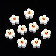 Handmade Polymer Clay Beads, Flower with Smiling Face, White, 9~10x4mm, Hole: 1.5mm(CLAY-S096-011I)