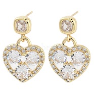 Brass with Glass Dangle Stud Earrings, Heart, Light Gold, 23x14mm(EJEW-Q800-10KCG)